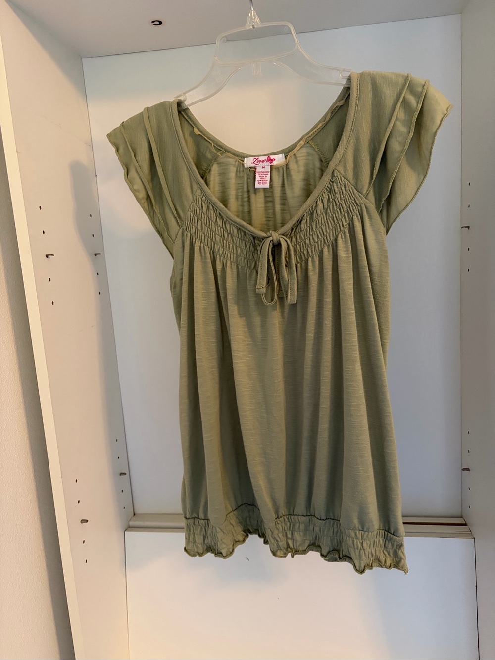 Love Tree Sage Green Smocked Tie-Front Flutter Sleeve Tunic